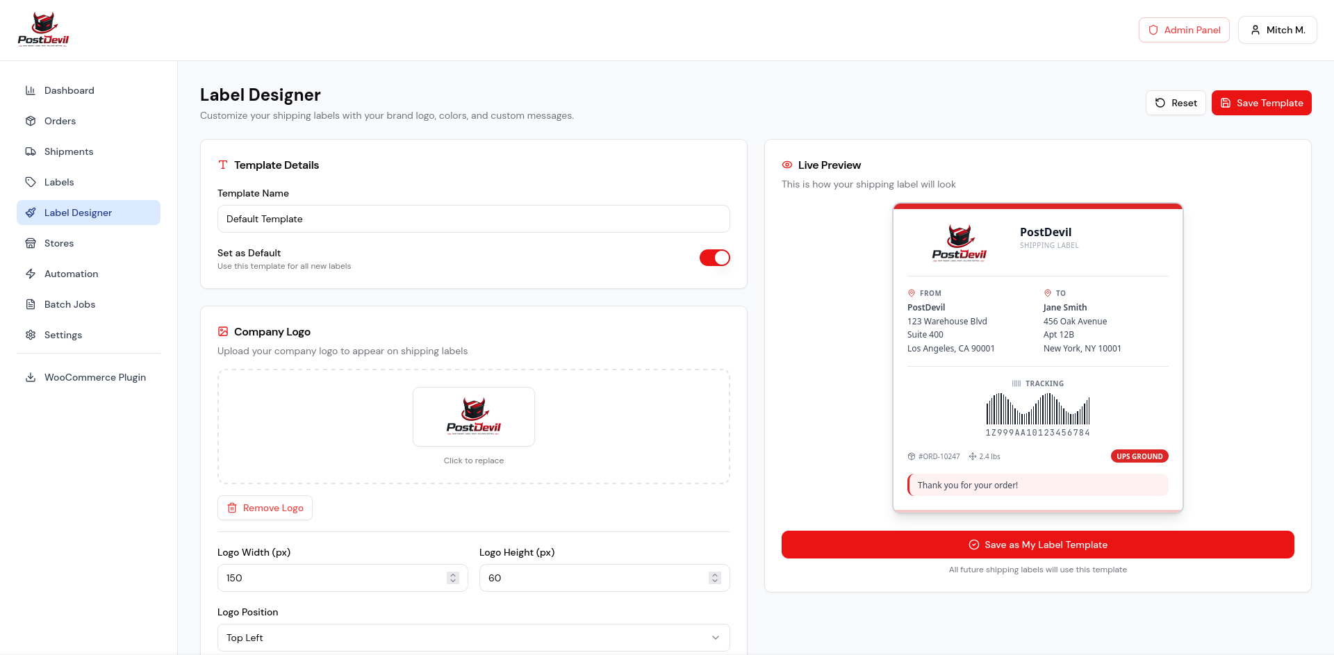 PostDevil label customizer with live preview, logo upload, and branding options
