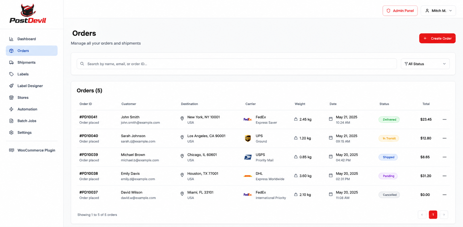 PostDevil order management interface with order list, status badges, and filters