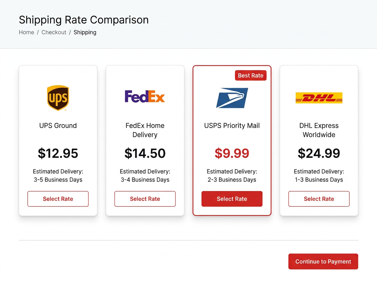 Shipping rate comparison showing UPS, FedEx, and USPS pricing side by side